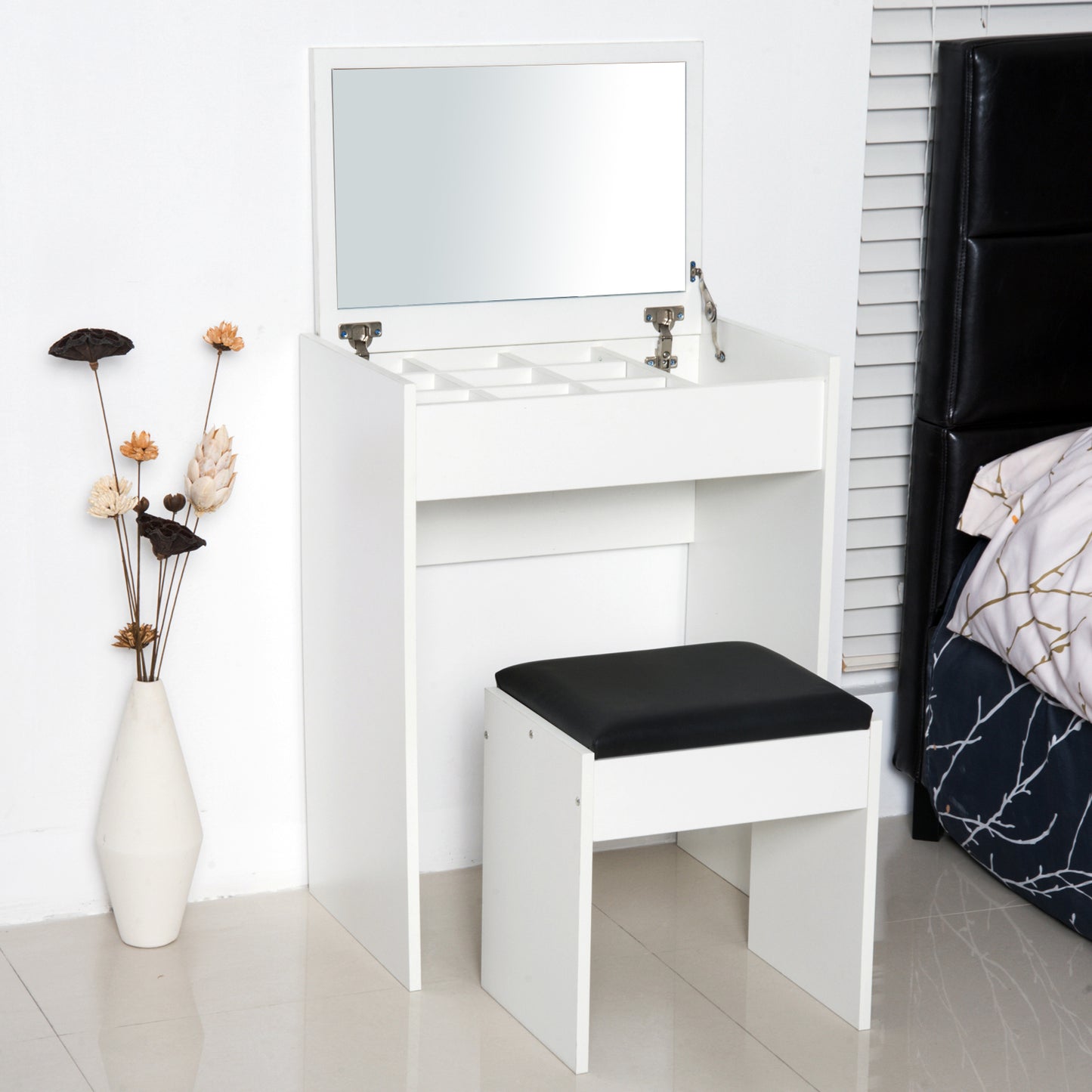 White Makeup Vanity Set with Flip-Top Mirror and Stool