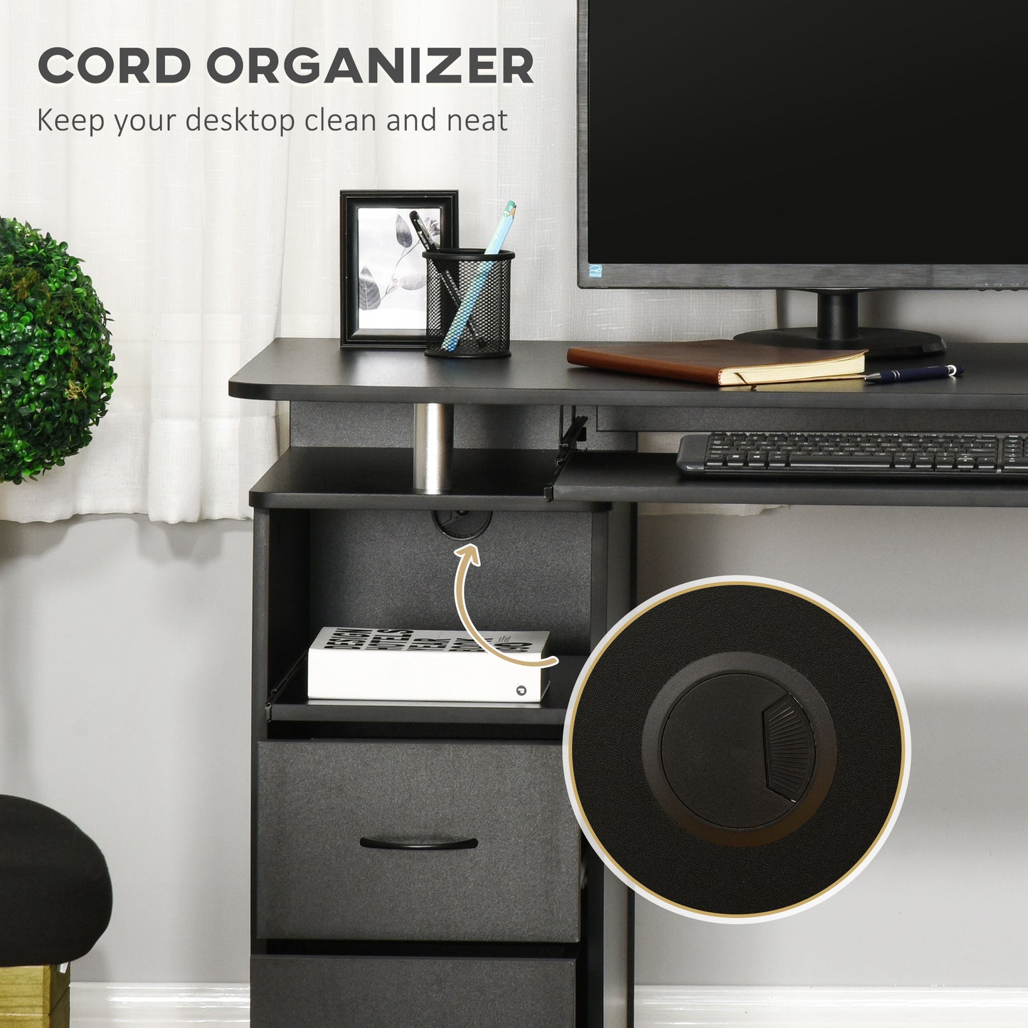 Computer Desk with Keyboard Tray and Storage Drawers, Home Office Workstation, Black