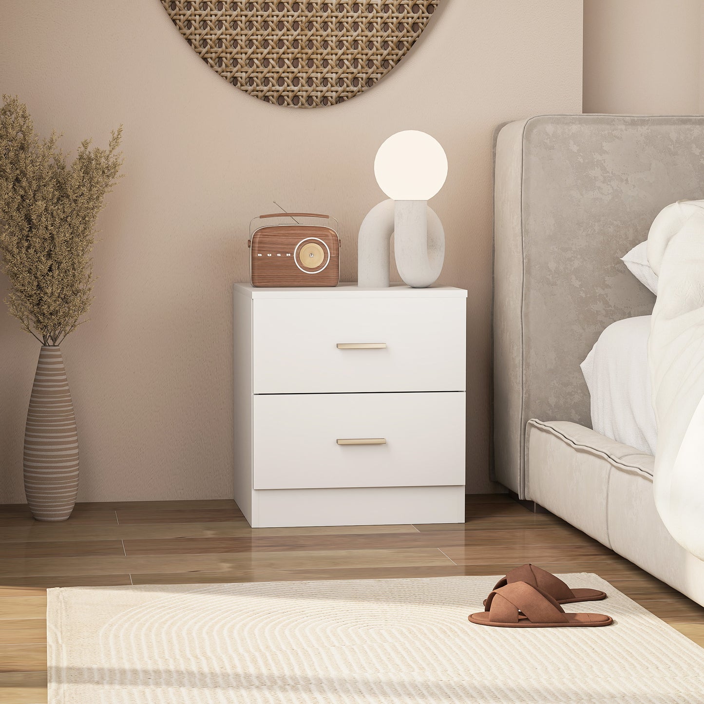 Modern Bedside Table with 2 Storage Drawers, White