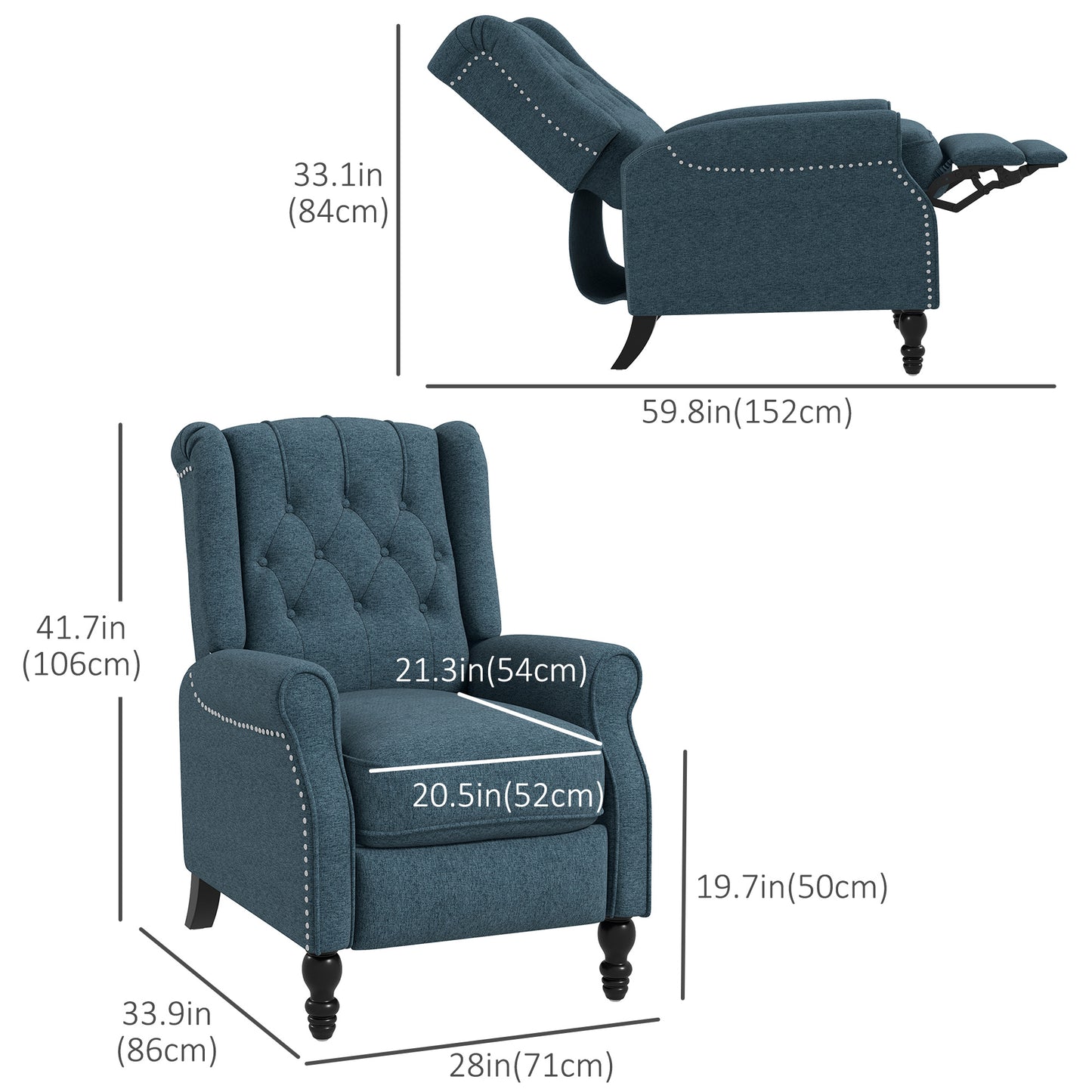 Wingback Reclining Chair with Button Tufting, Blue