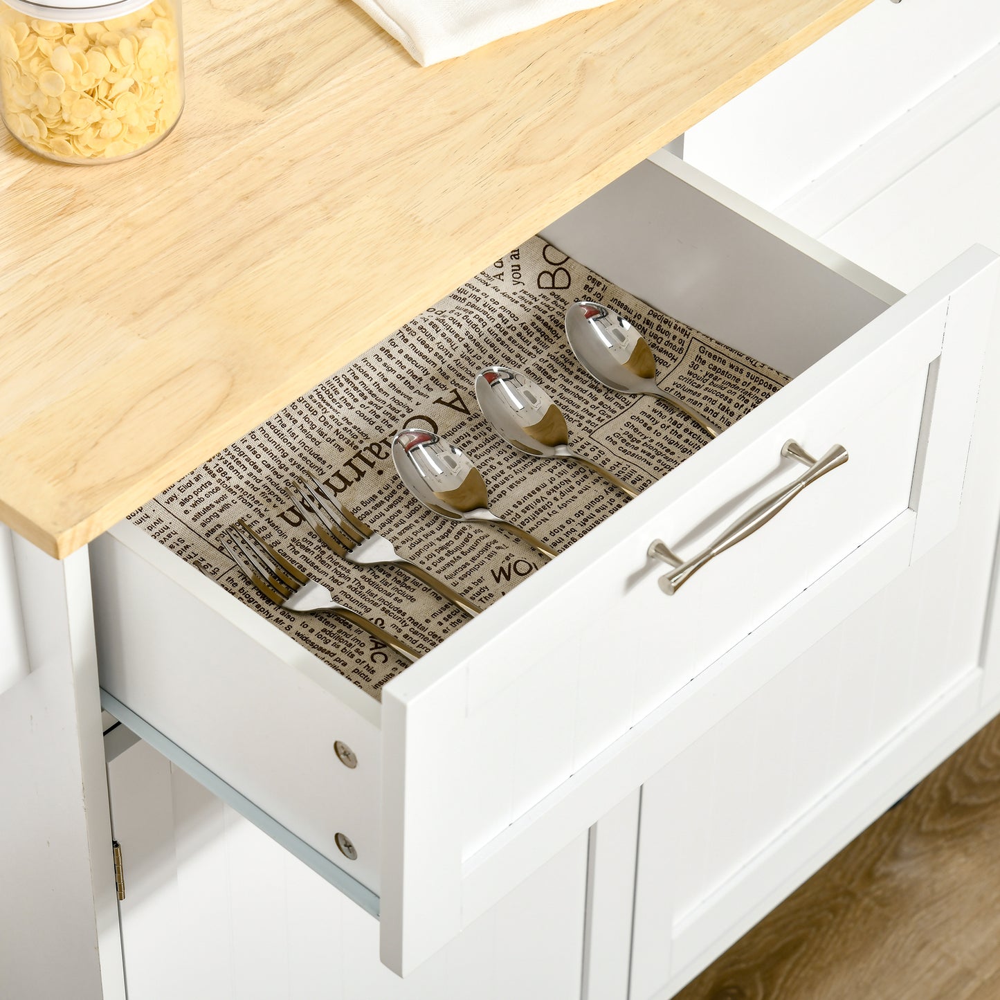 Rolling Kitchen Island Cart with Rubber Wood Top and Storage Drawers, White