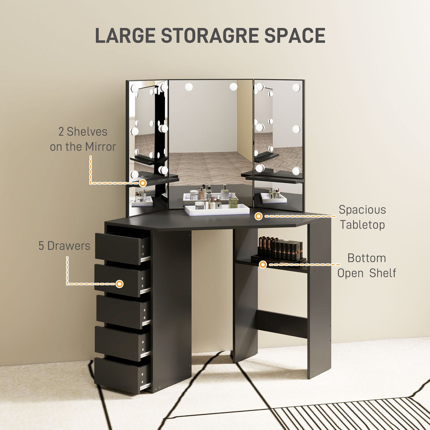 Corner Makeup Vanity with Triple Mirror and LED Lights