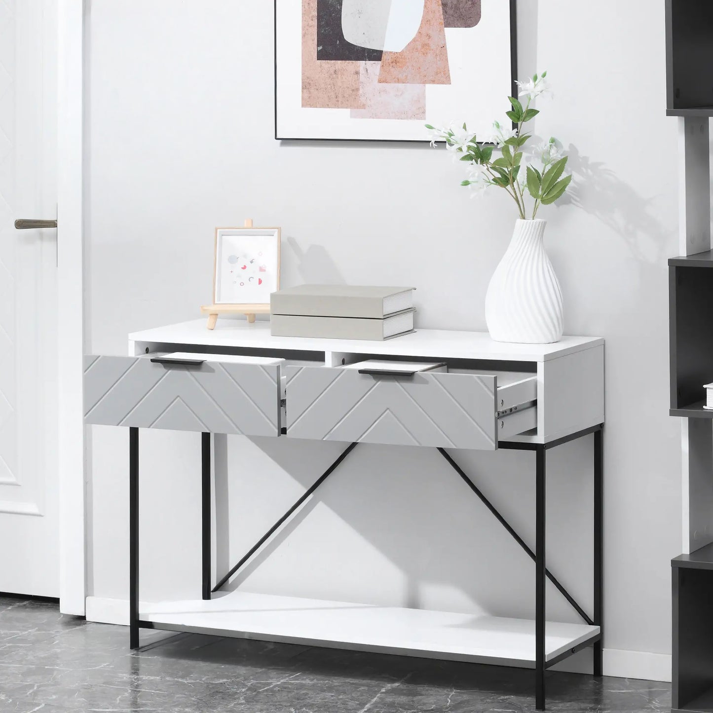 39" Modern Console Table with Herringbone Pattern Drawers, White