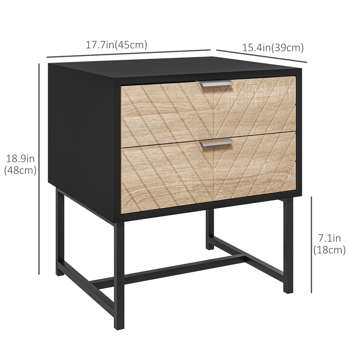 Modern Herringbone Nightstand with Steel Frame, Black and Oak