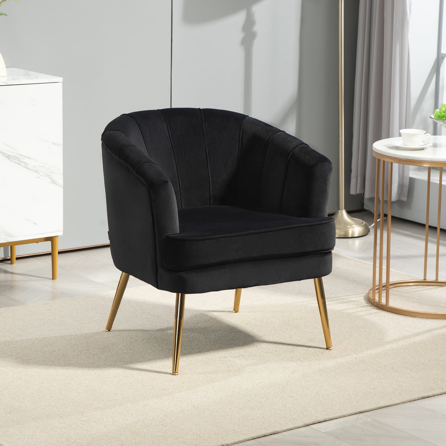 Channel-Tufted Tub Armchair with Velvet Upholstery and Gold Legs, Black