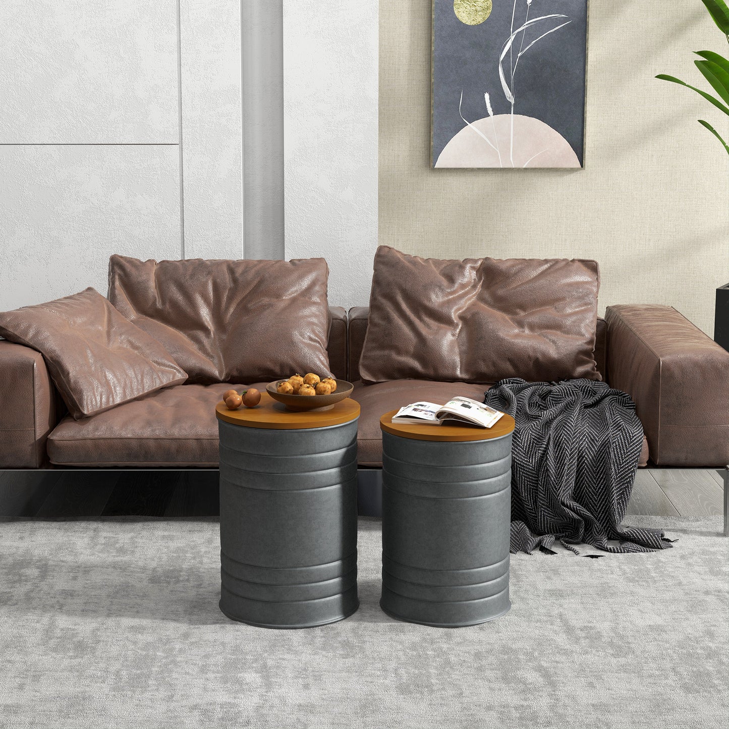 Round Nesting Side Tables with Hidden Storage and Wooden Lids, Gray (Set of 2)