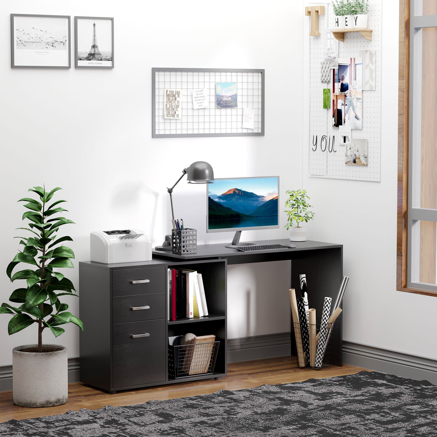 Black L-Shaped Computer Desk with Storage for Home Office