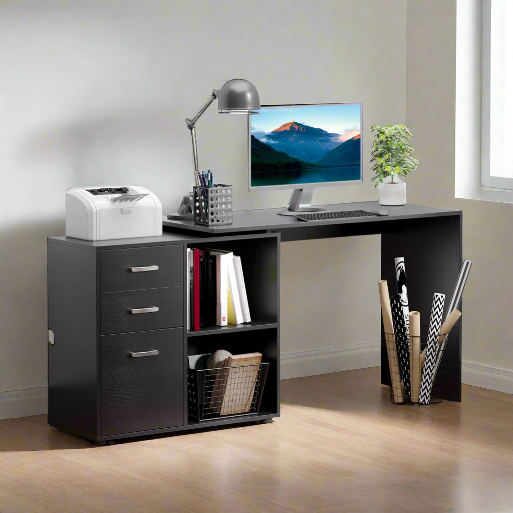 Black L-Shaped Computer Desk with Storage for Home Office
