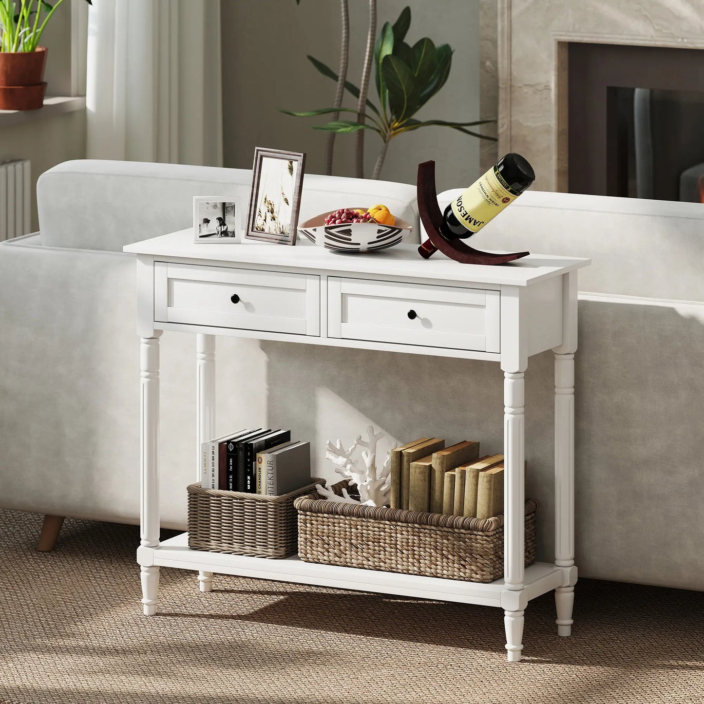 36" Console Table with Classic Turned Legs and Storage, White