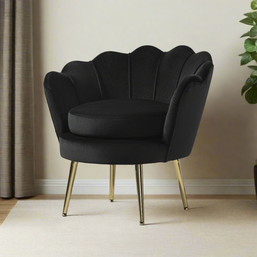Modern Velvet Accent Chair with Lotus Backrest and Gold Legs, Black