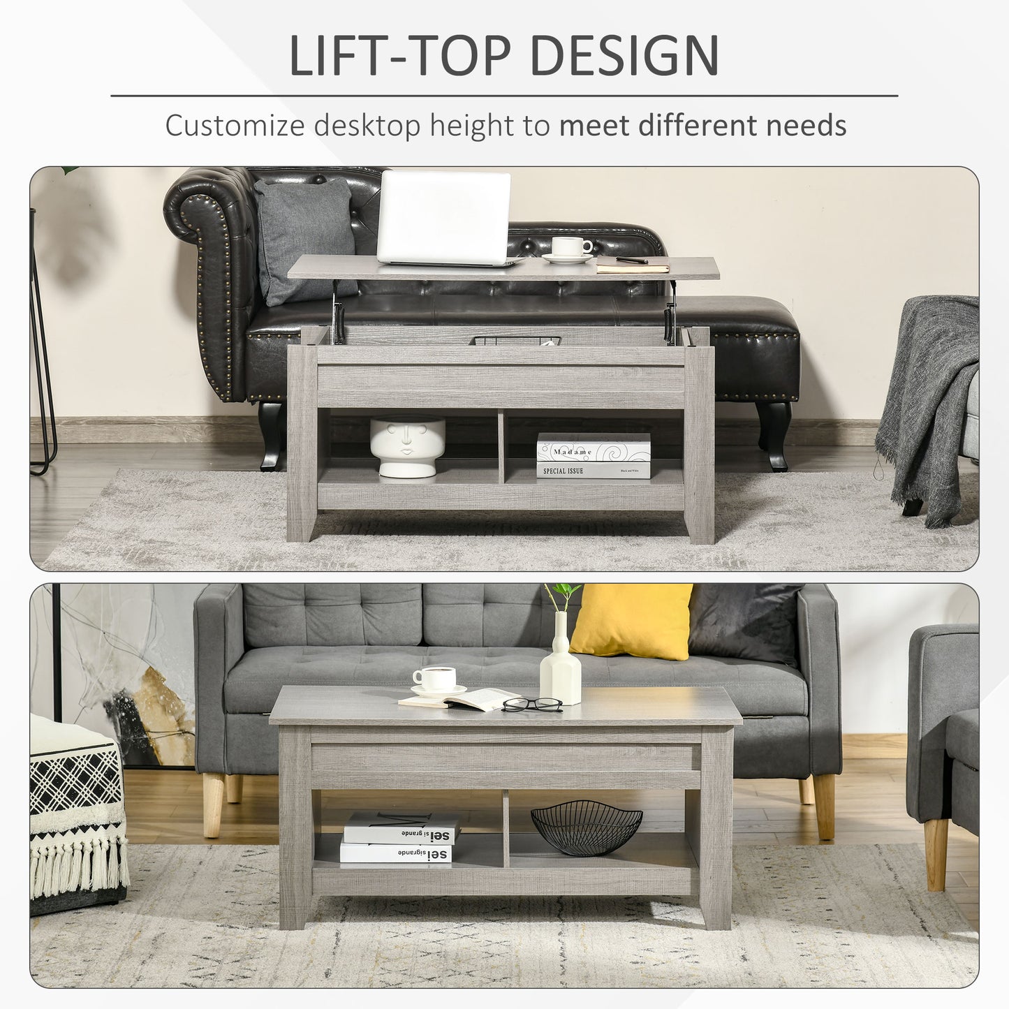 Lift Top Coffee Table with Hidden Storage, Light Gray