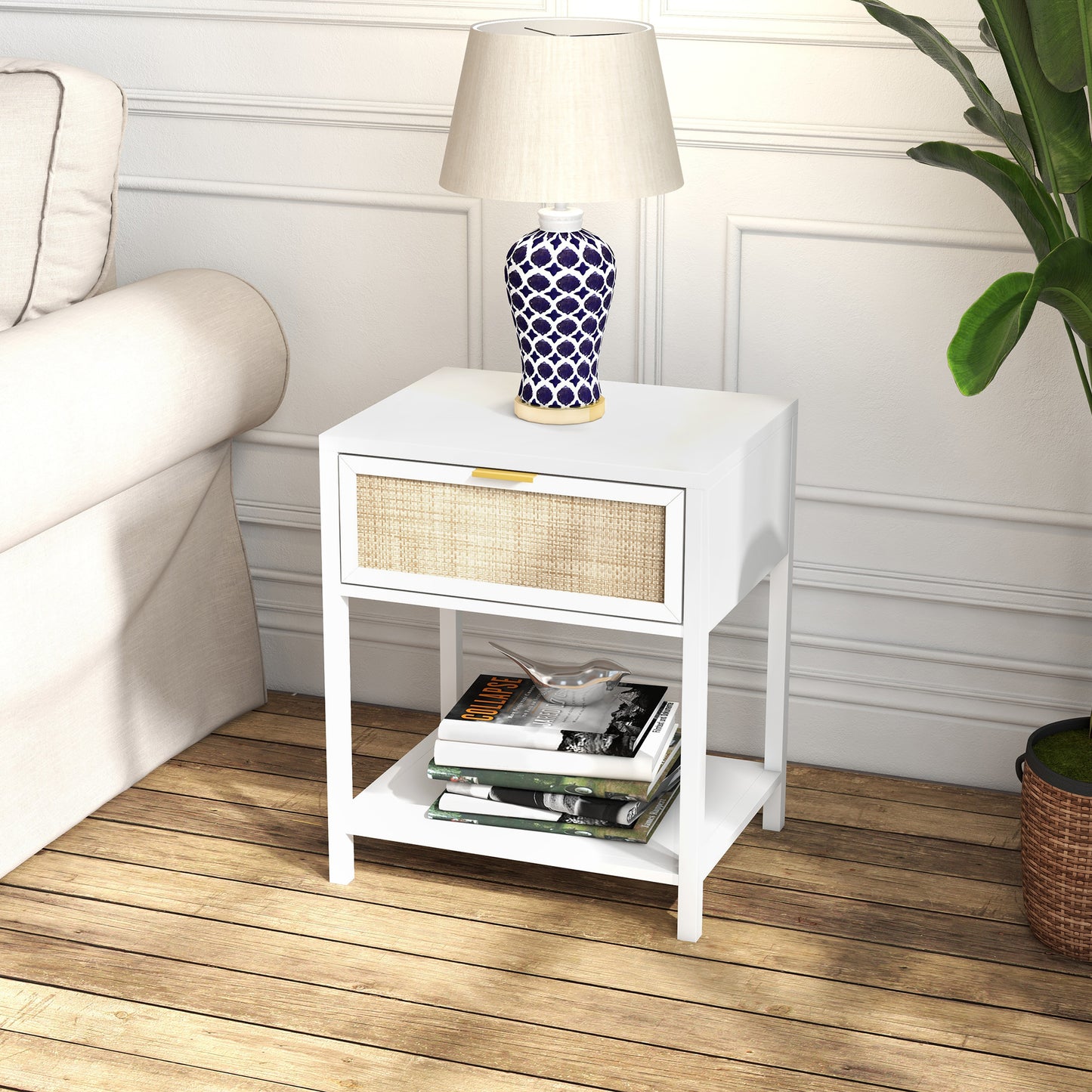 Boho Nightstand with Rattan Drawer and Open Shelf, White