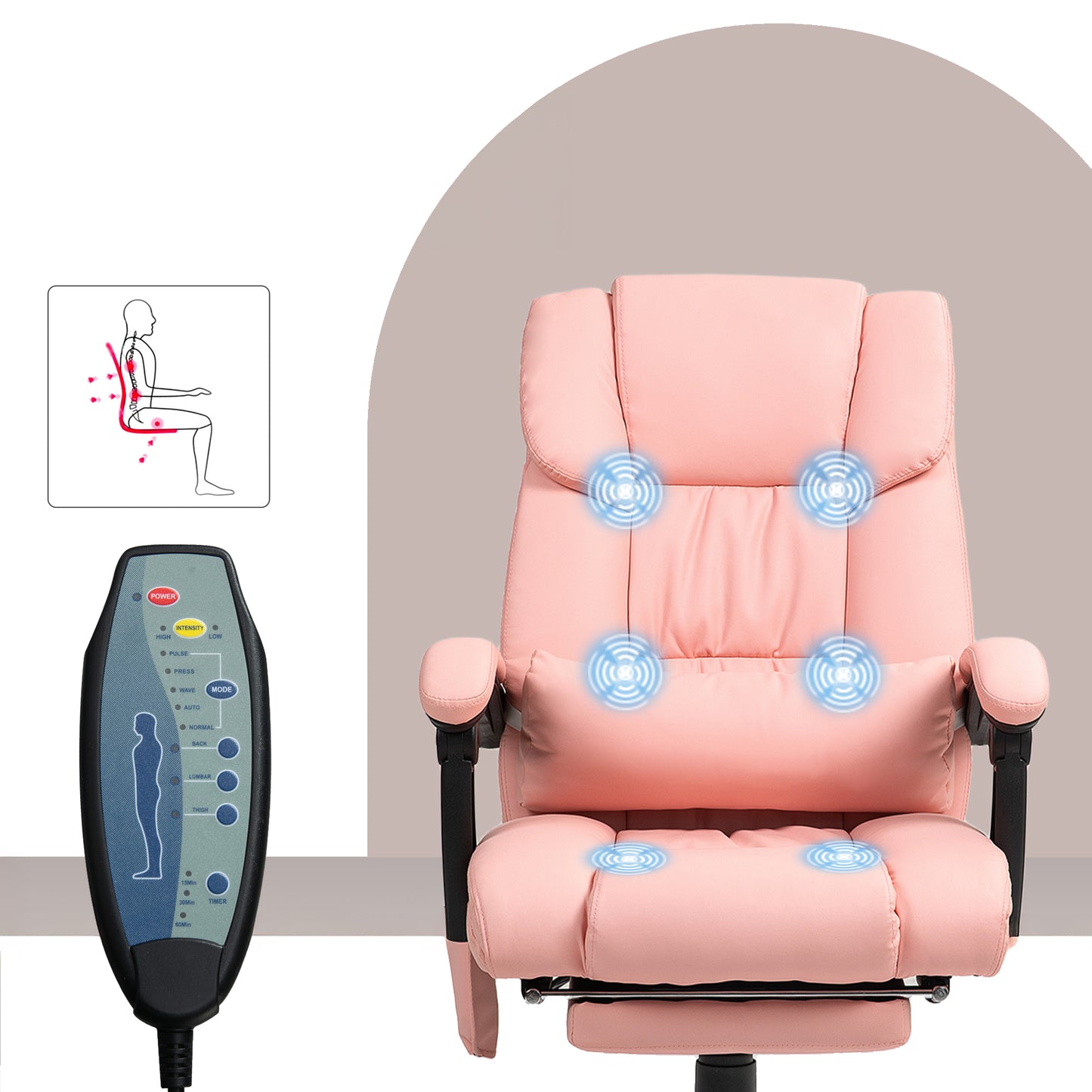 6-Point Massage Office Chair with Adjustable Height and Retractable Footrest, Pink