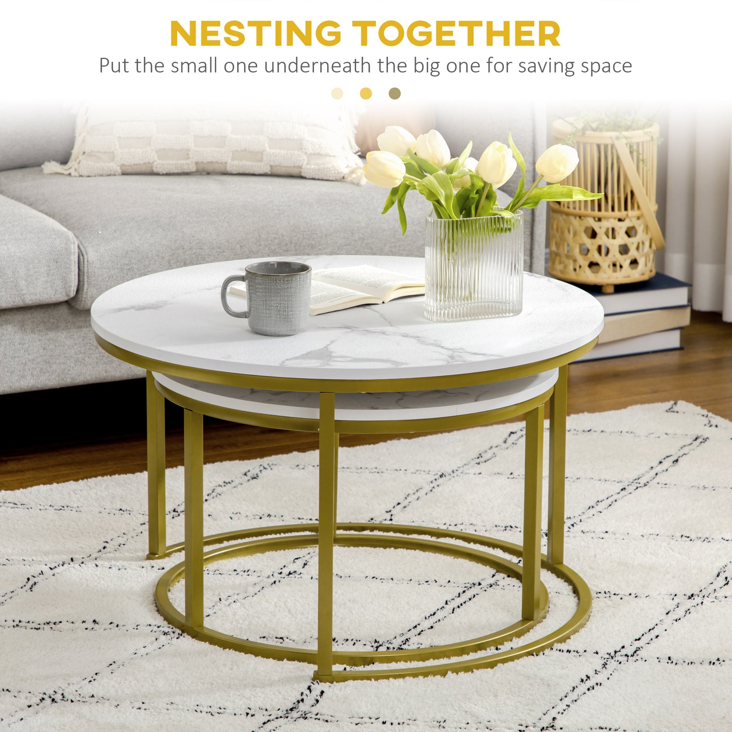 29" Round Nesting Coffee Tables with Faux Marble Top, White and Gold (Set of 2)