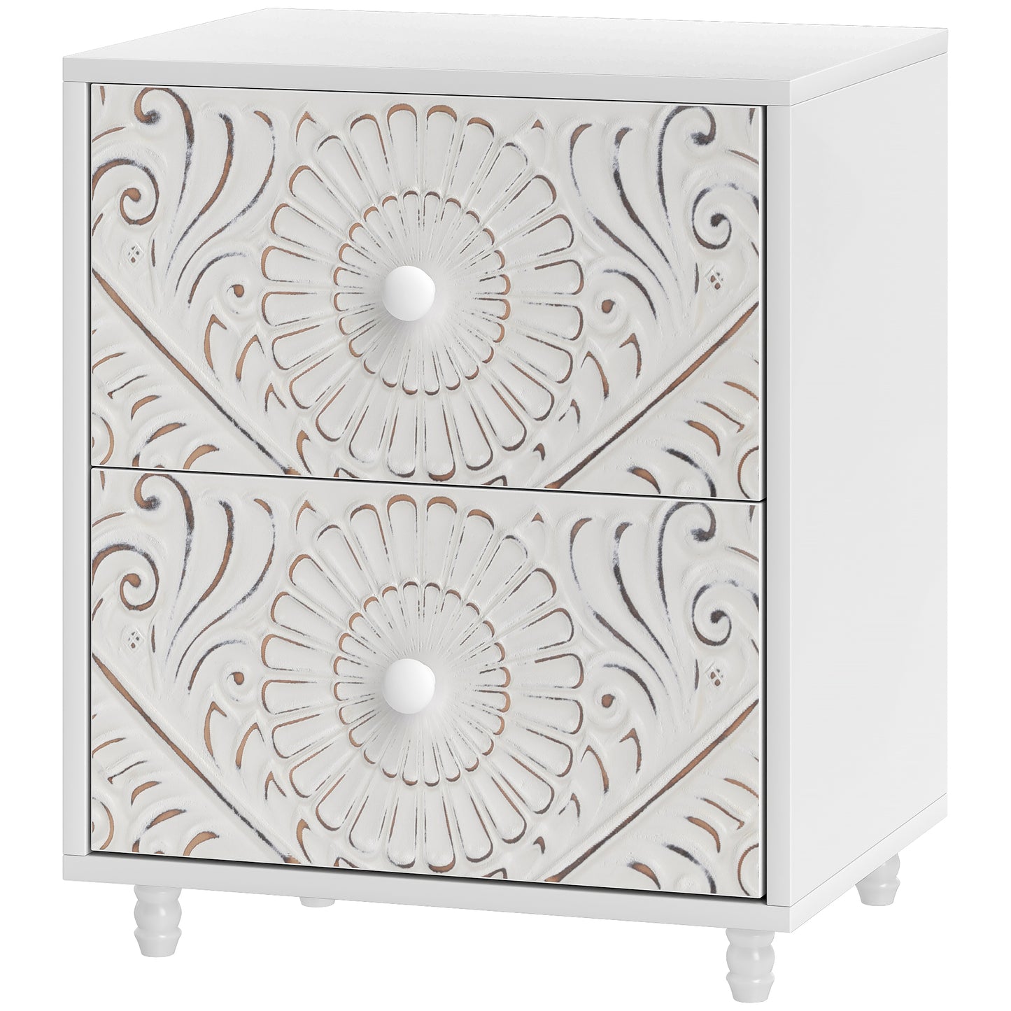 Mid-Century Nightstand with Unique Carved Details and 2 Drawers, White