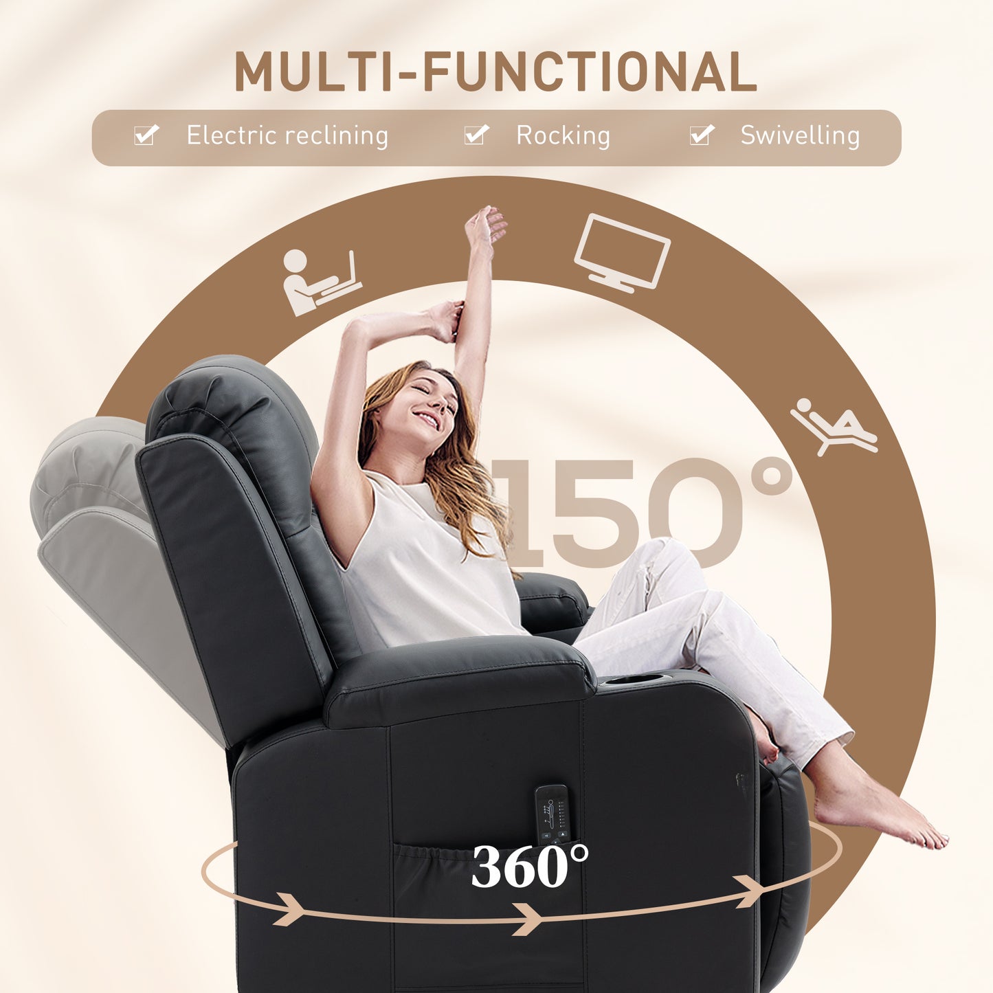 360° Swivel Massage Recliner Chair with Cup Holders, Black