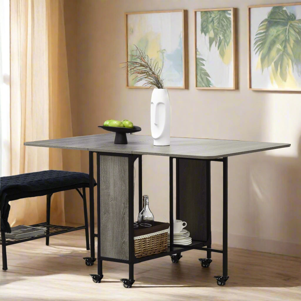 Folding Dining Table with Storage Shelf and 6 Wheels - Distressed Gray