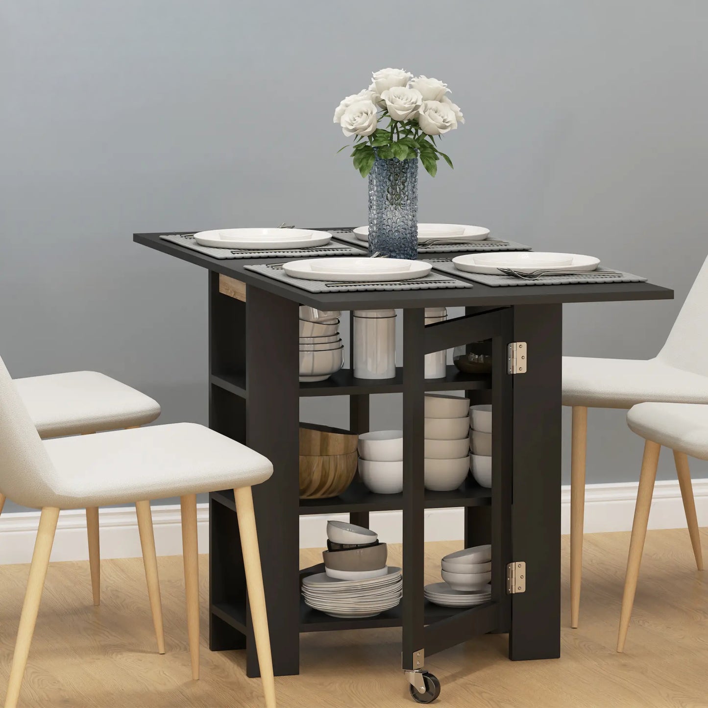 Folding Dining Table with Built-In Storage Shelves - Black