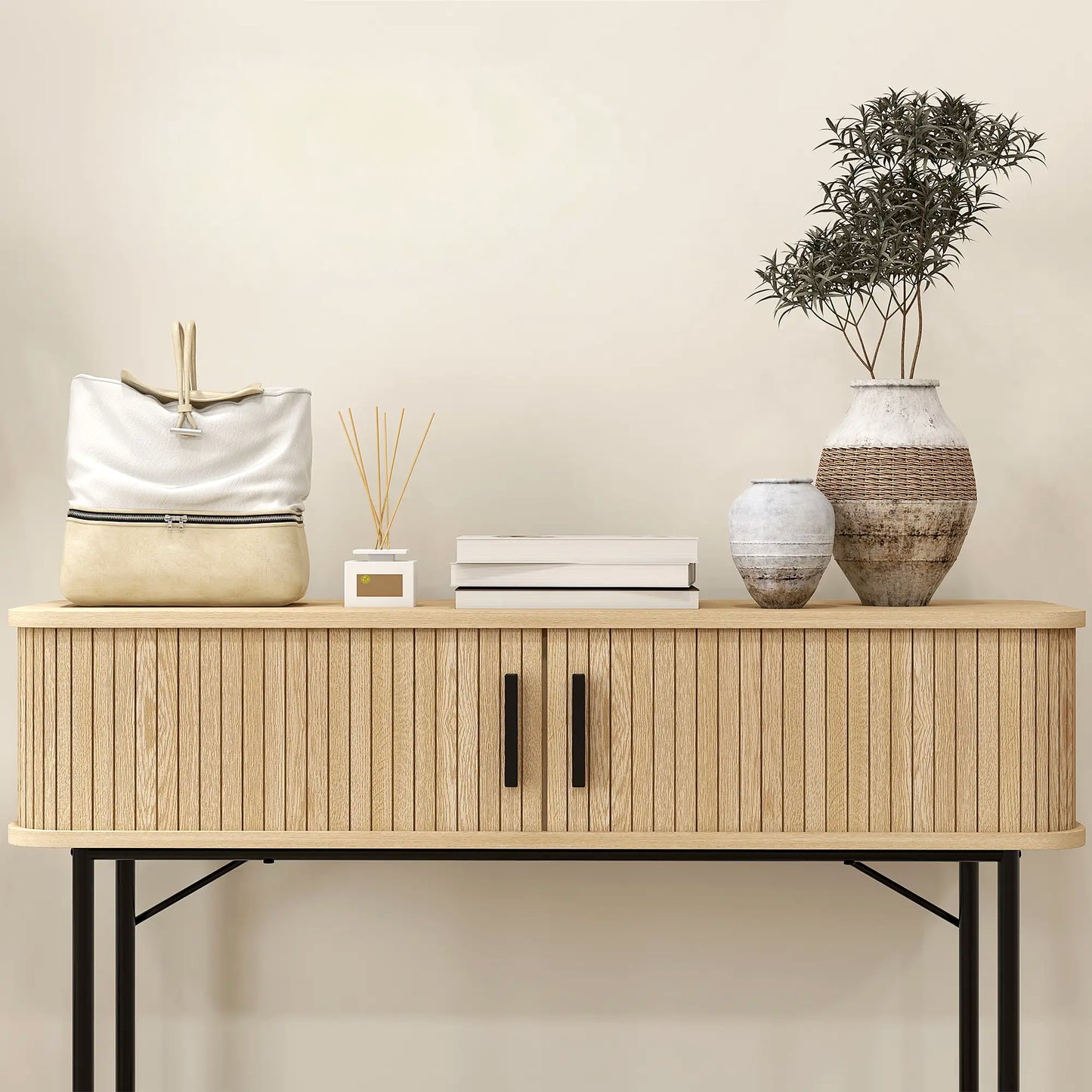 39" Mid-Century Console Table with Sliding Tambour Doors, Oak and Black