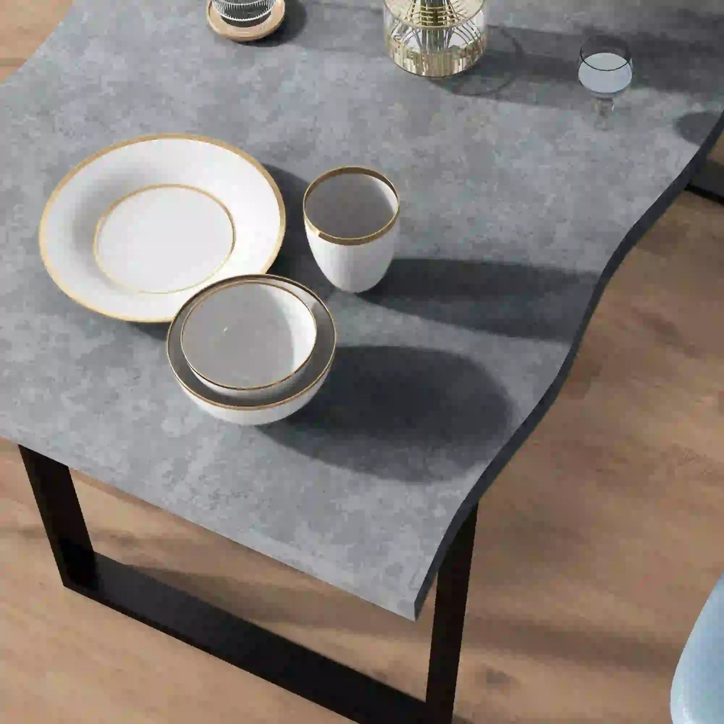 63" Industrial Dining Table with Wave Edge and Steel Legs - Cement Gray