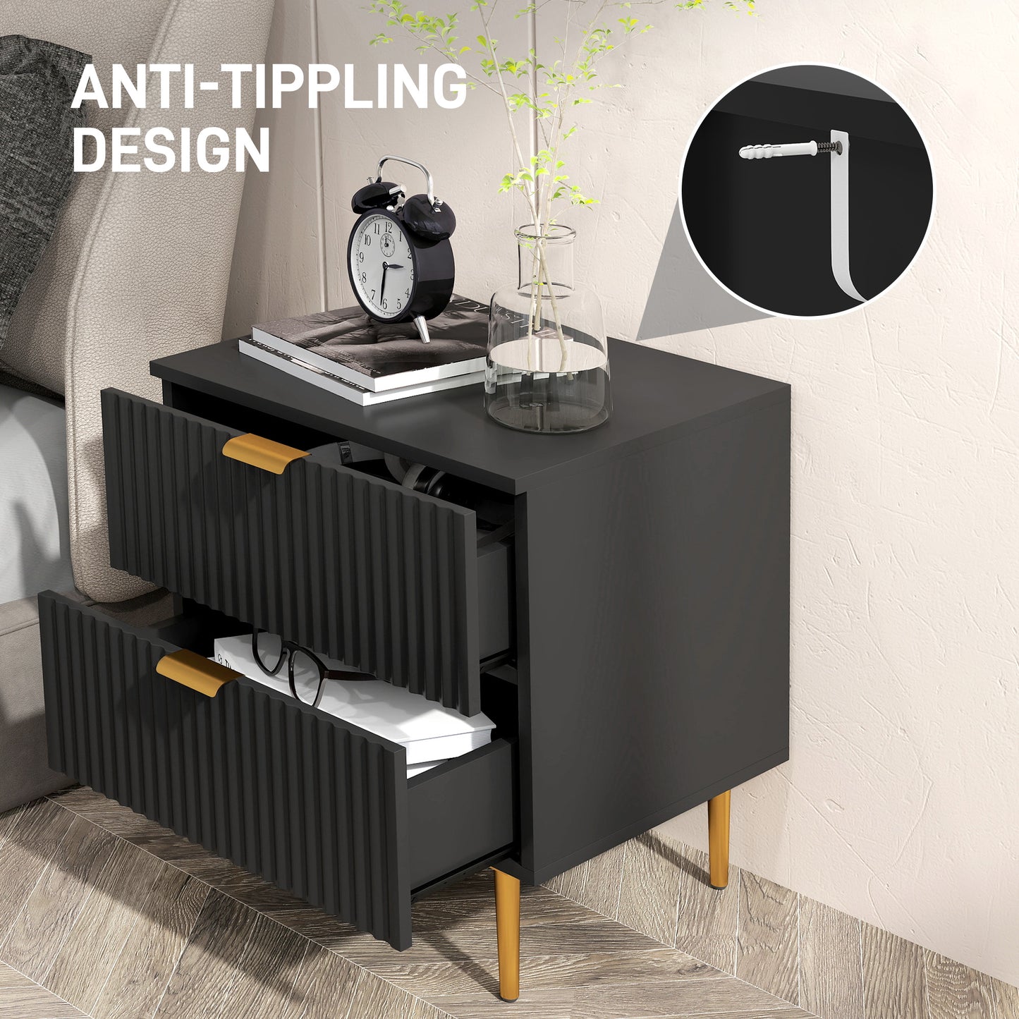 Modern Nightstand with Gold Finger Pulls and Fluted Drawers, Black
