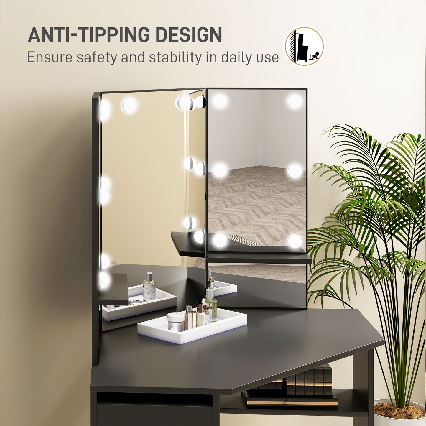 Corner Makeup Vanity with Triple Mirror and LED Lights