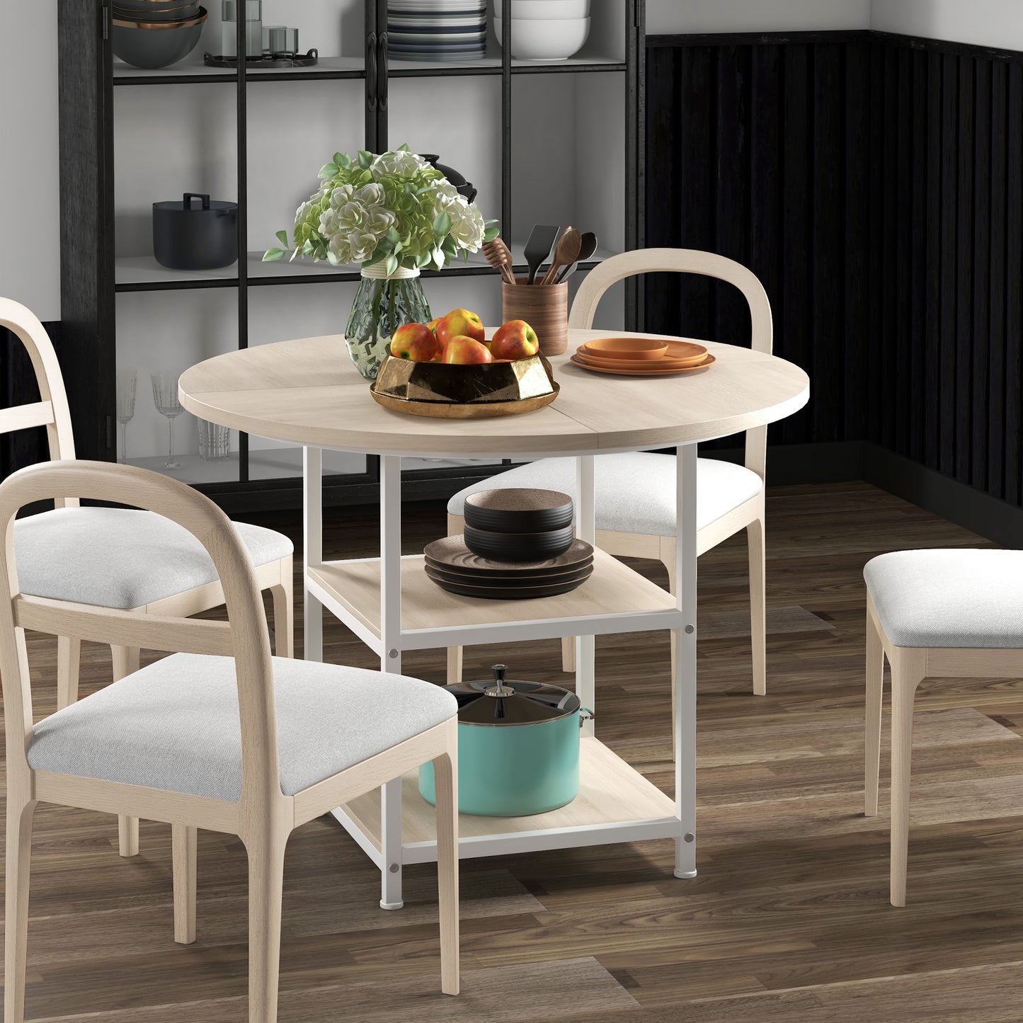 39" Round Industrial Dining Table with Storage Shelves for 4-6 People, Oak