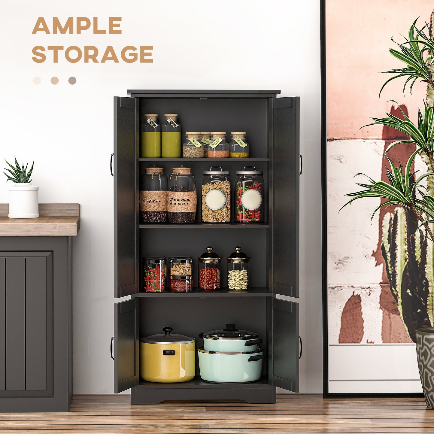 4-Door Storage Cabinet with Adjustable Shelves, 48" Tall Pantry Organizer, Black