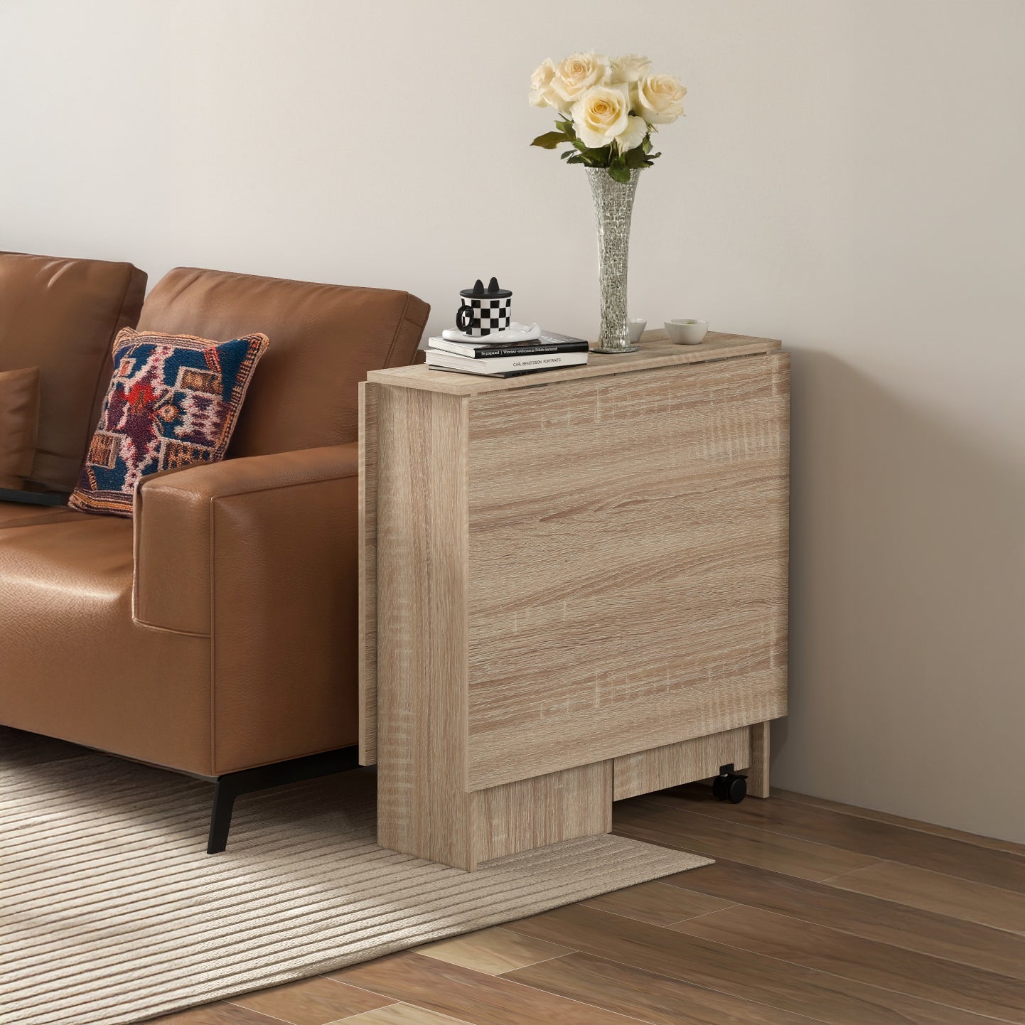 Extendable Dining Table with Storage Shelves and Rolling Wheels - Natural Wood