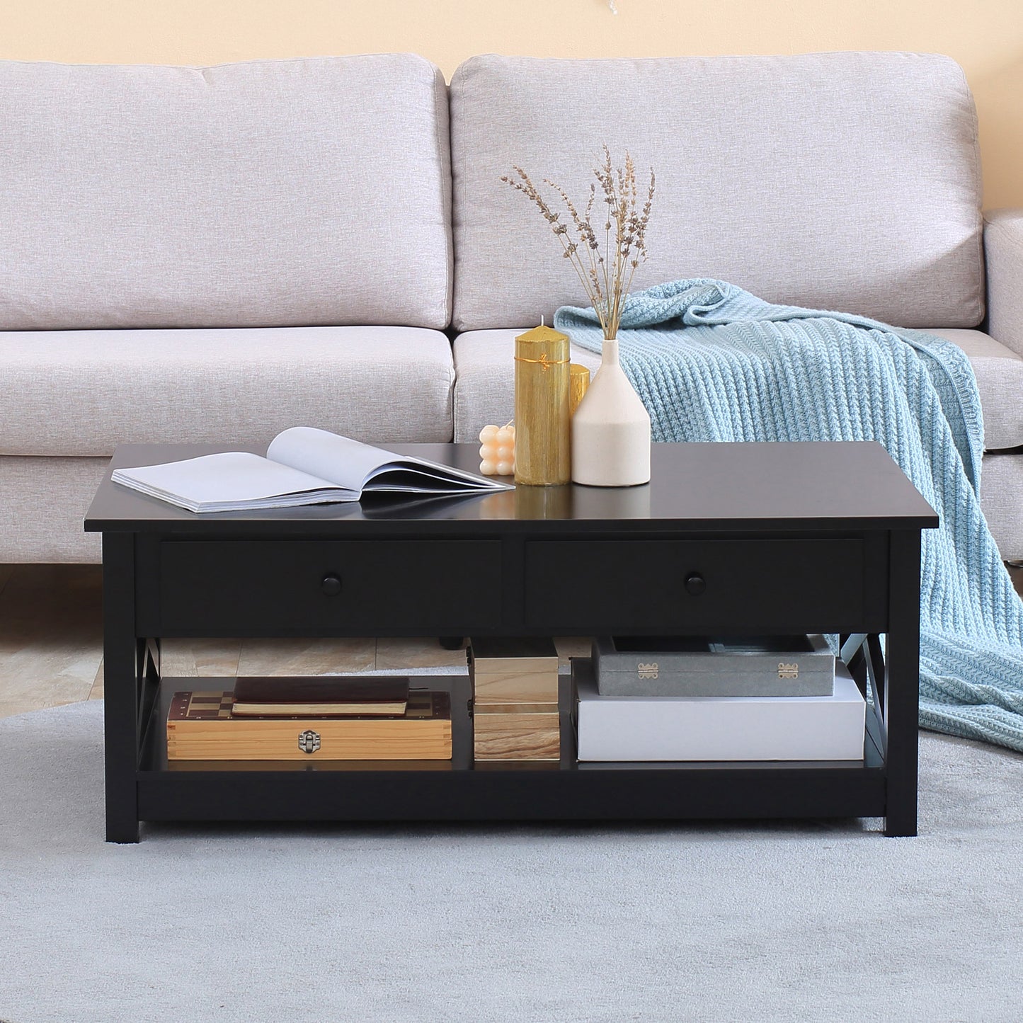 Farmhouse Coffee Table with Drawers and X-Frame, Black