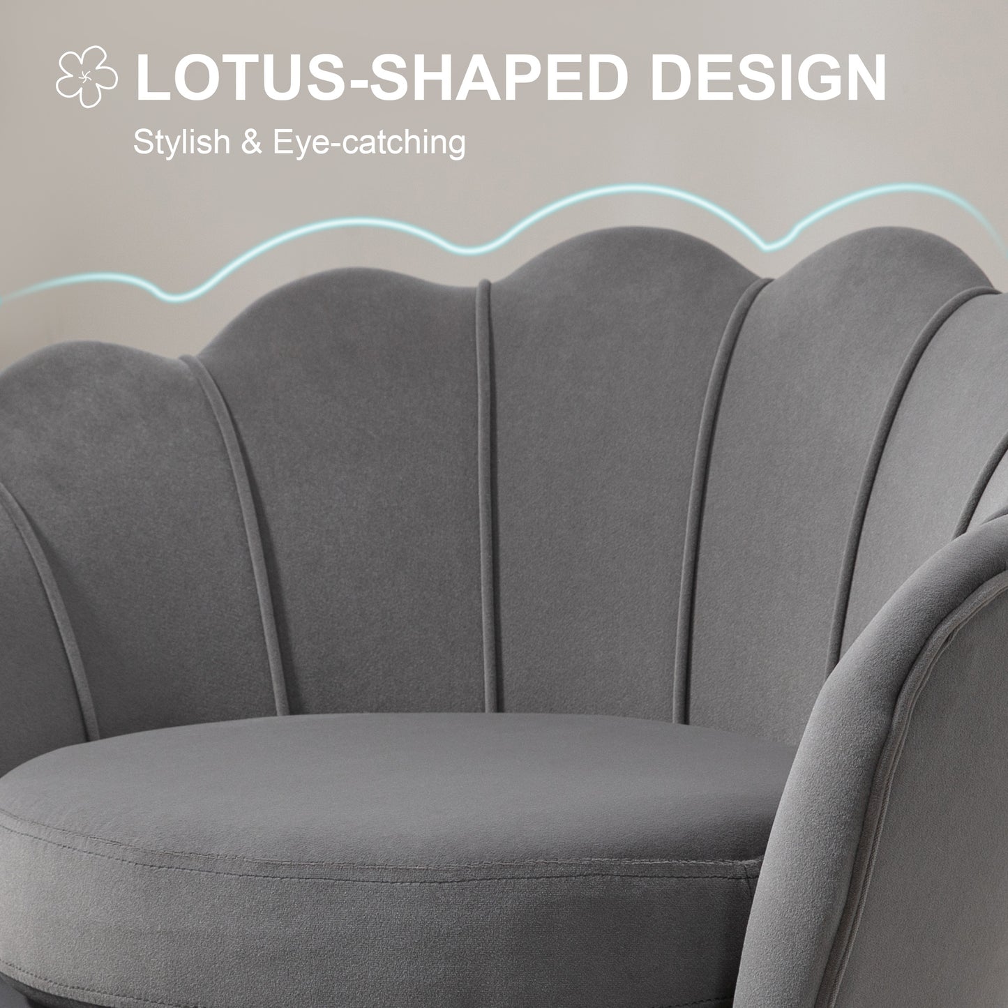 Modern Velvet Accent Chair with Lotus Backrest and Gold Legs, Grey