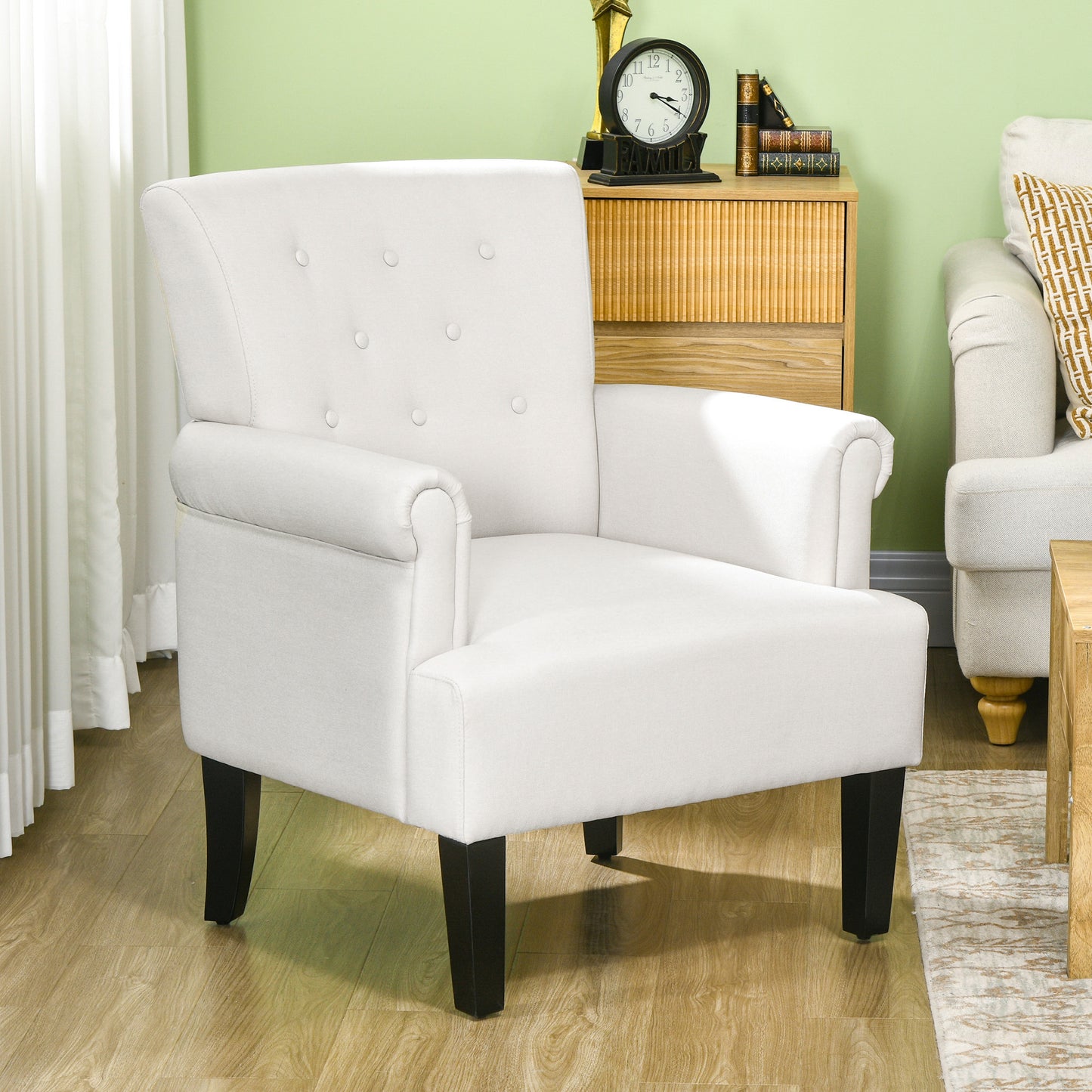 Fabric Accent Chair with Wood Legs and Rolled Arms, Cream White
