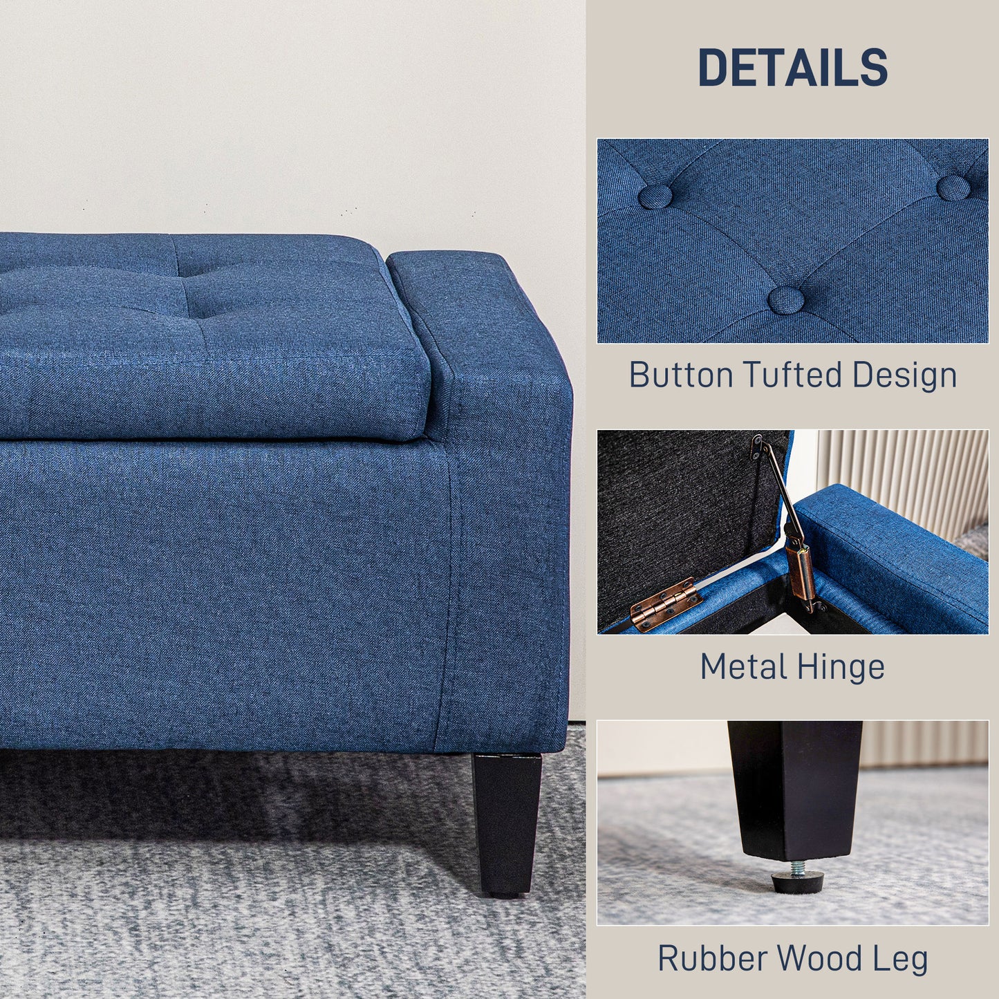 Linen Upholstered Storage Ottoman Bench with Tufted Design, Dark Blue