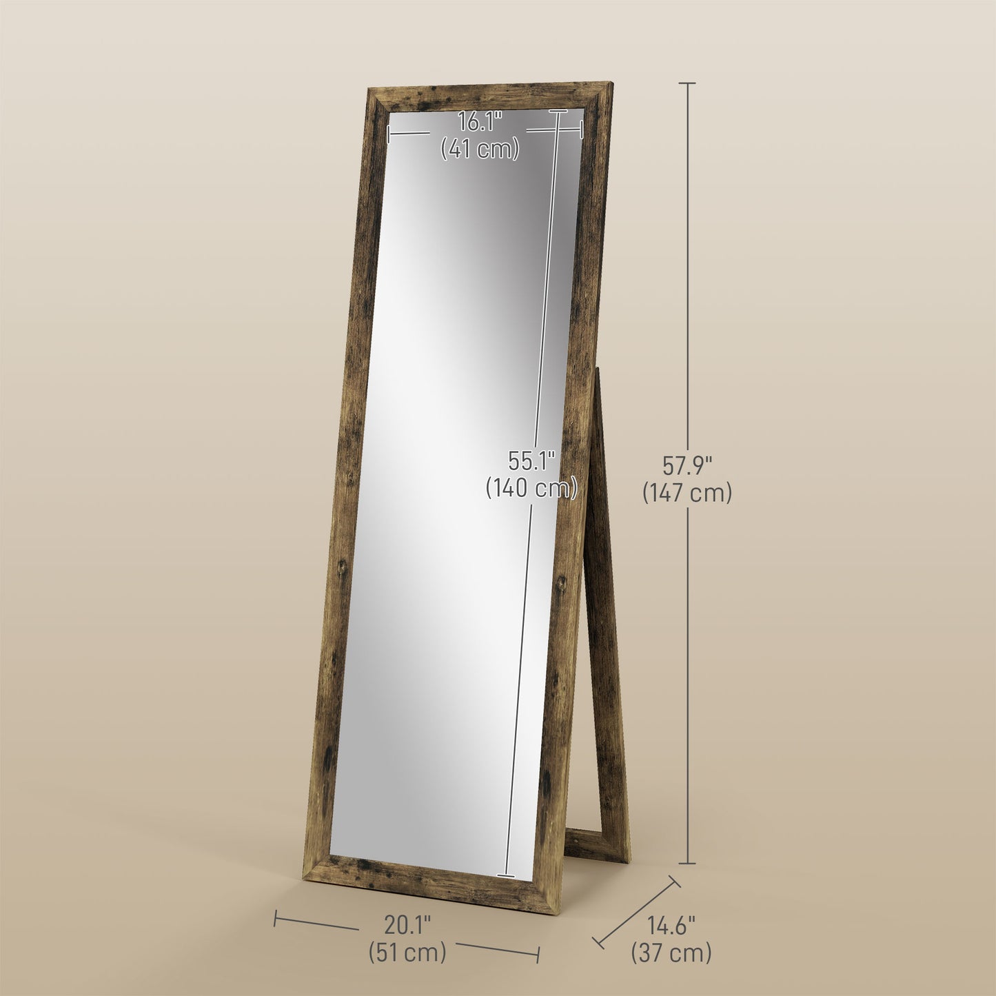 Full Length Floor Standing Mirror with Rustic Brown Frame, 58" x 20"