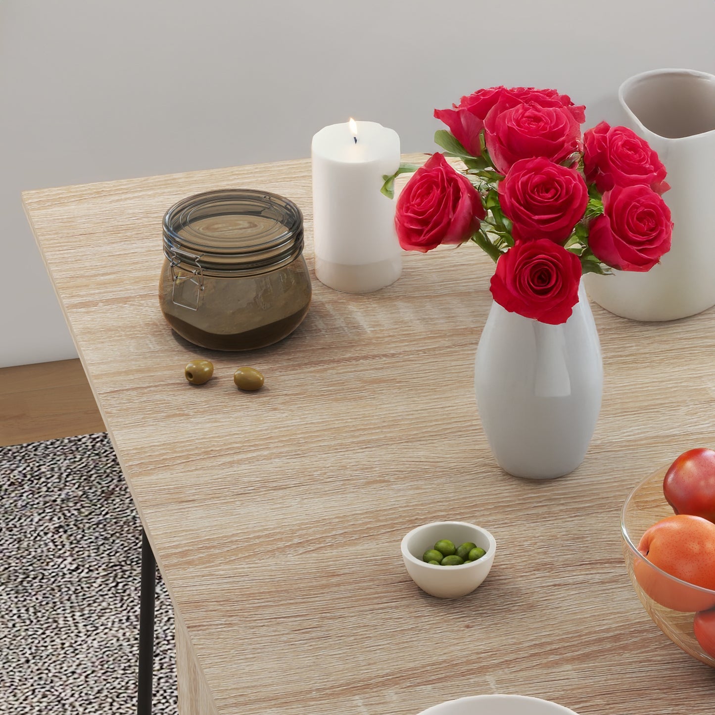 Extendable Dining Table with Storage Shelves and Rolling Wheels - Natural Wood