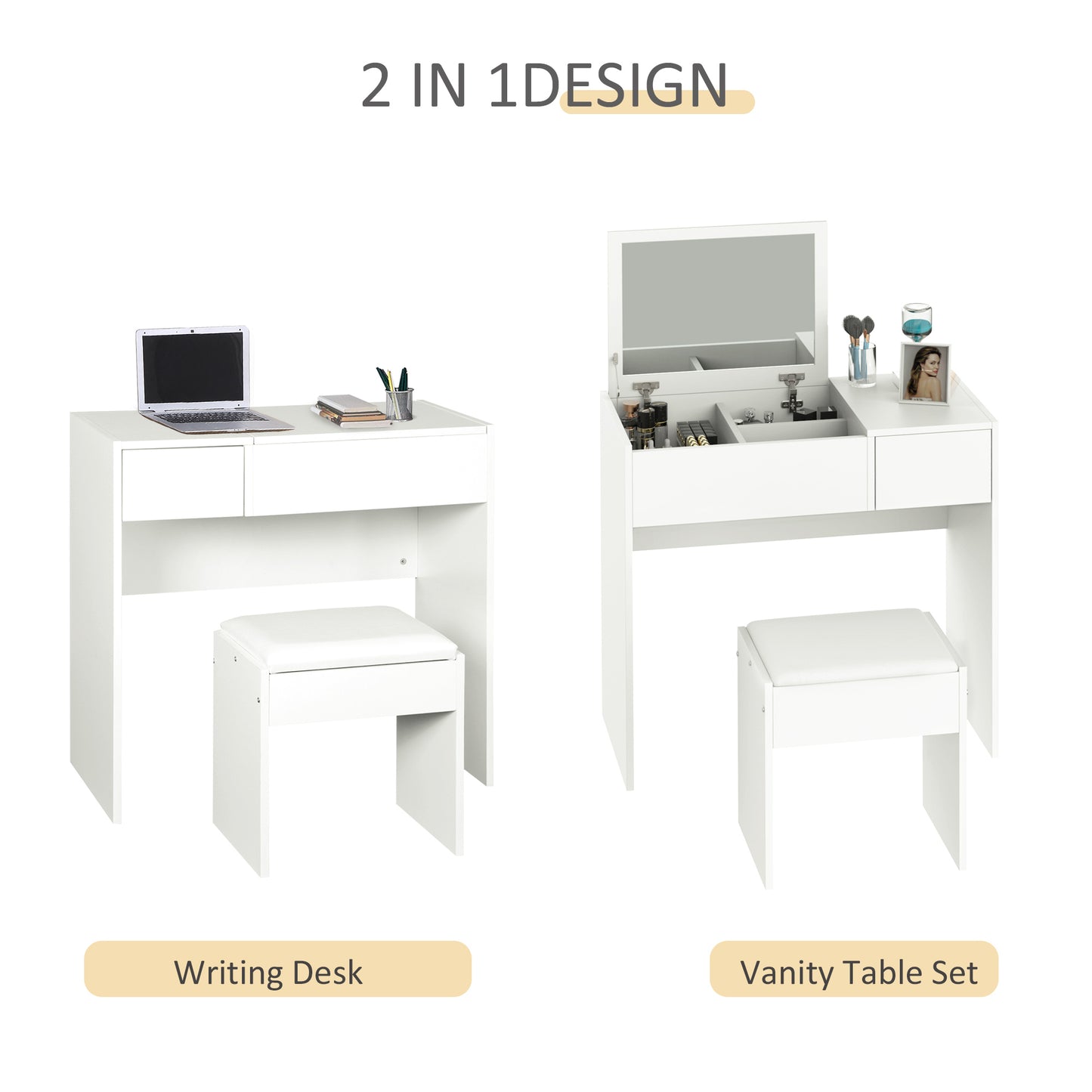 Dressing Table Set with Flip-Top Mirror and Cushioned Stool