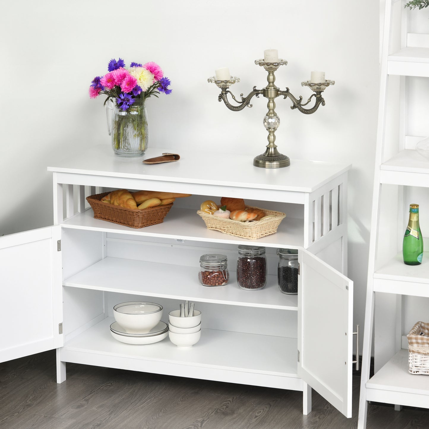 39" Wooden Console Table with Cabinet and Open Shelf, White
