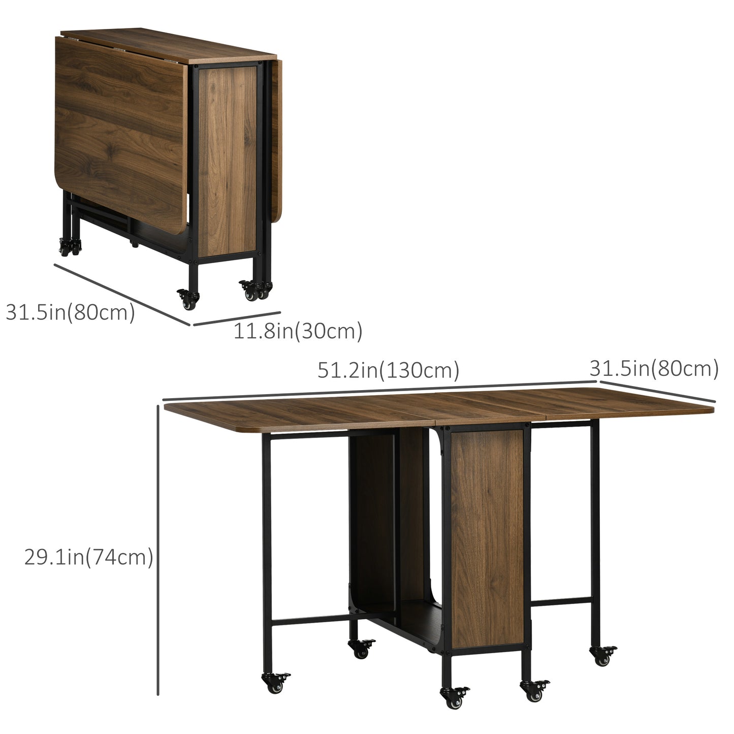 Folding Dining Table with Storage Shelf and 6 Wheels - Light Brown