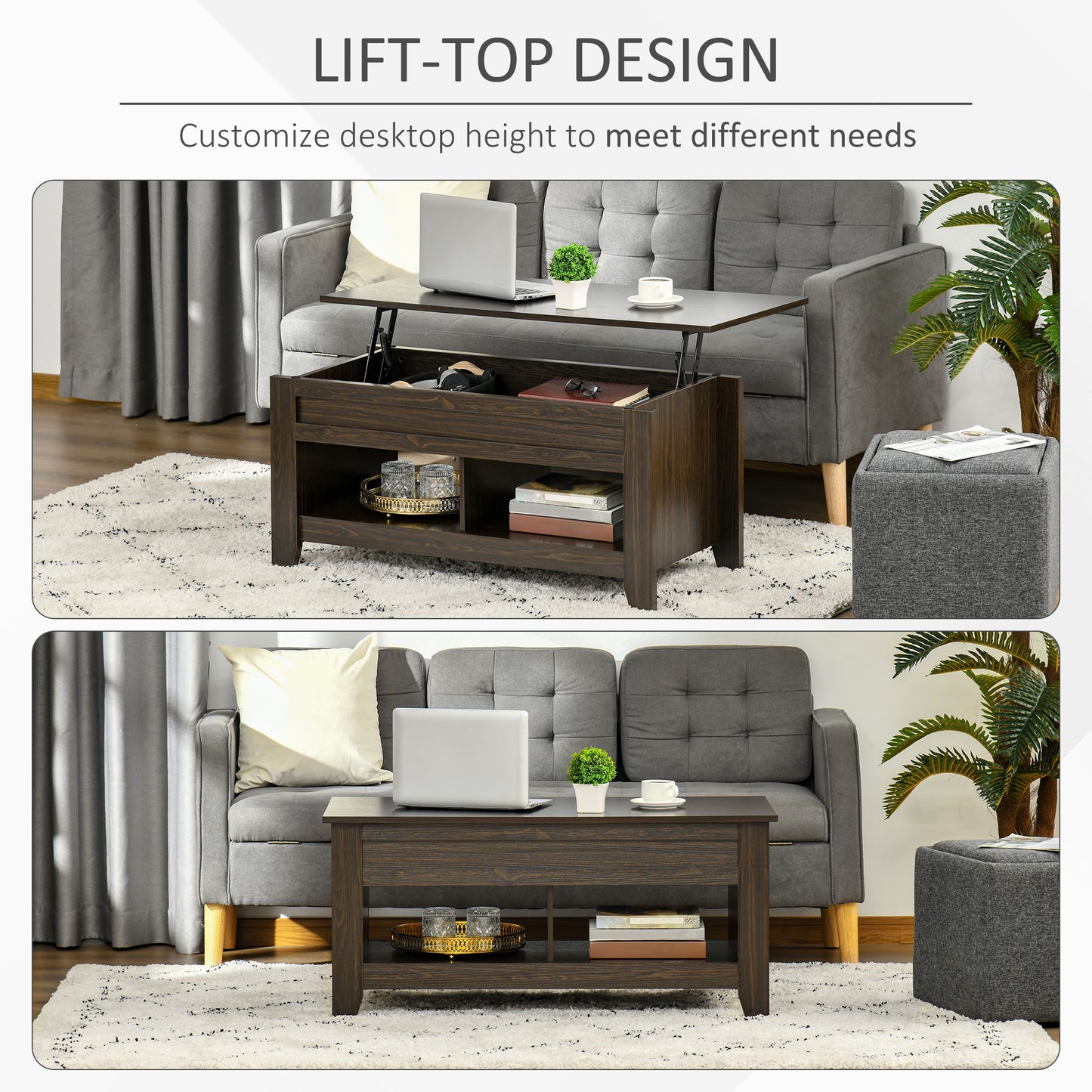 Lift Top Coffee Table with Hidden Storage, Dark Walnut