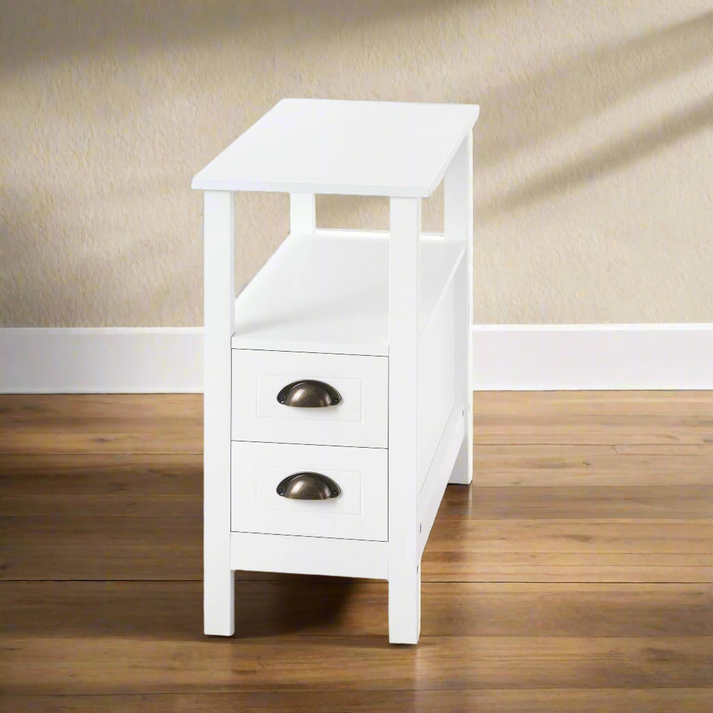 White Slim End Table with Drawers for Compact Spaces