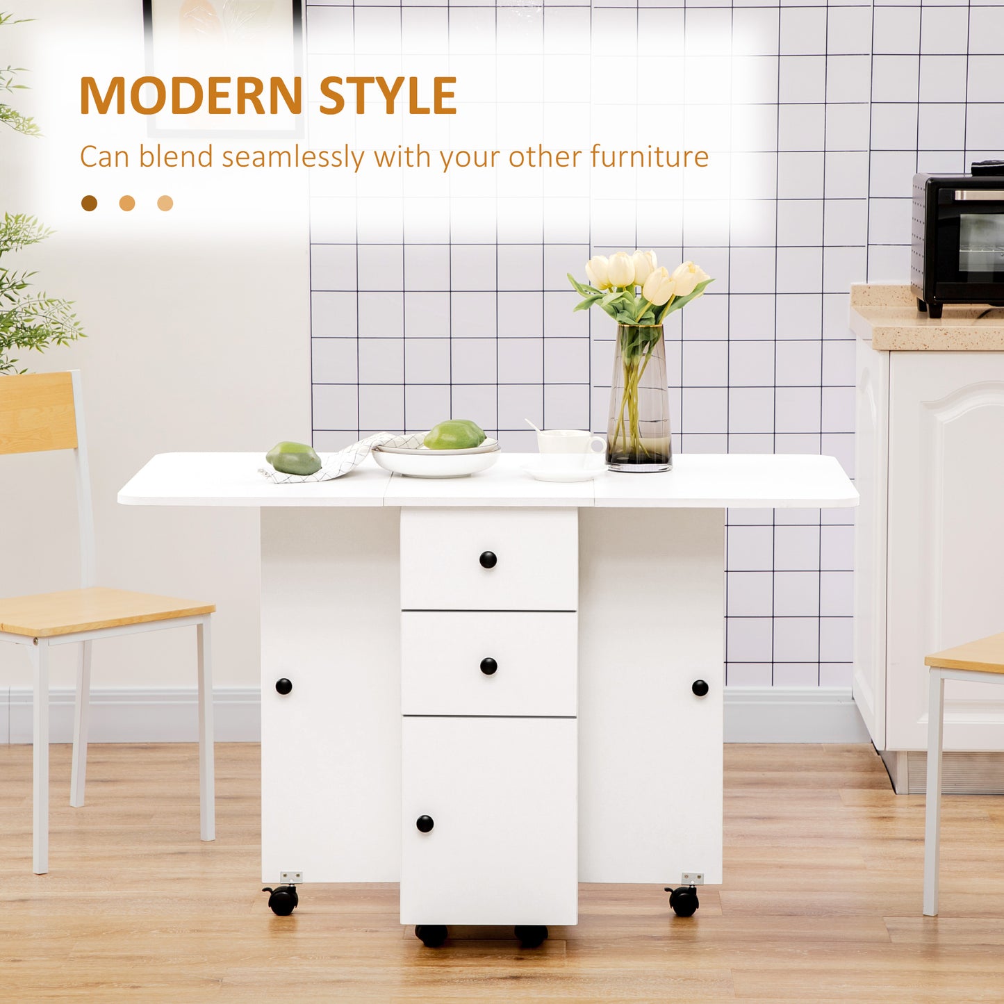 Rolling Dining Table with Storage Drawers and Cabinet - White