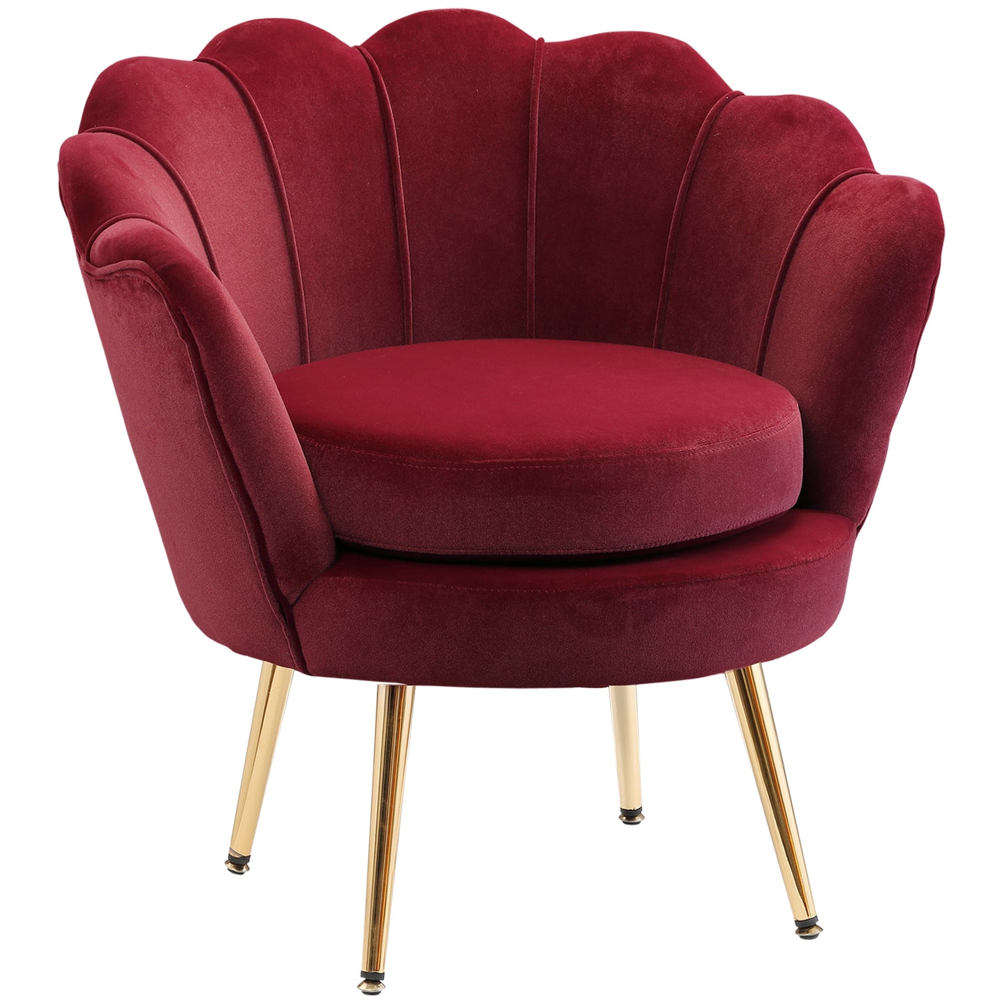 Modern Velvet Accent Chair with Lotus Backrest and Gold Legs, Wine Red