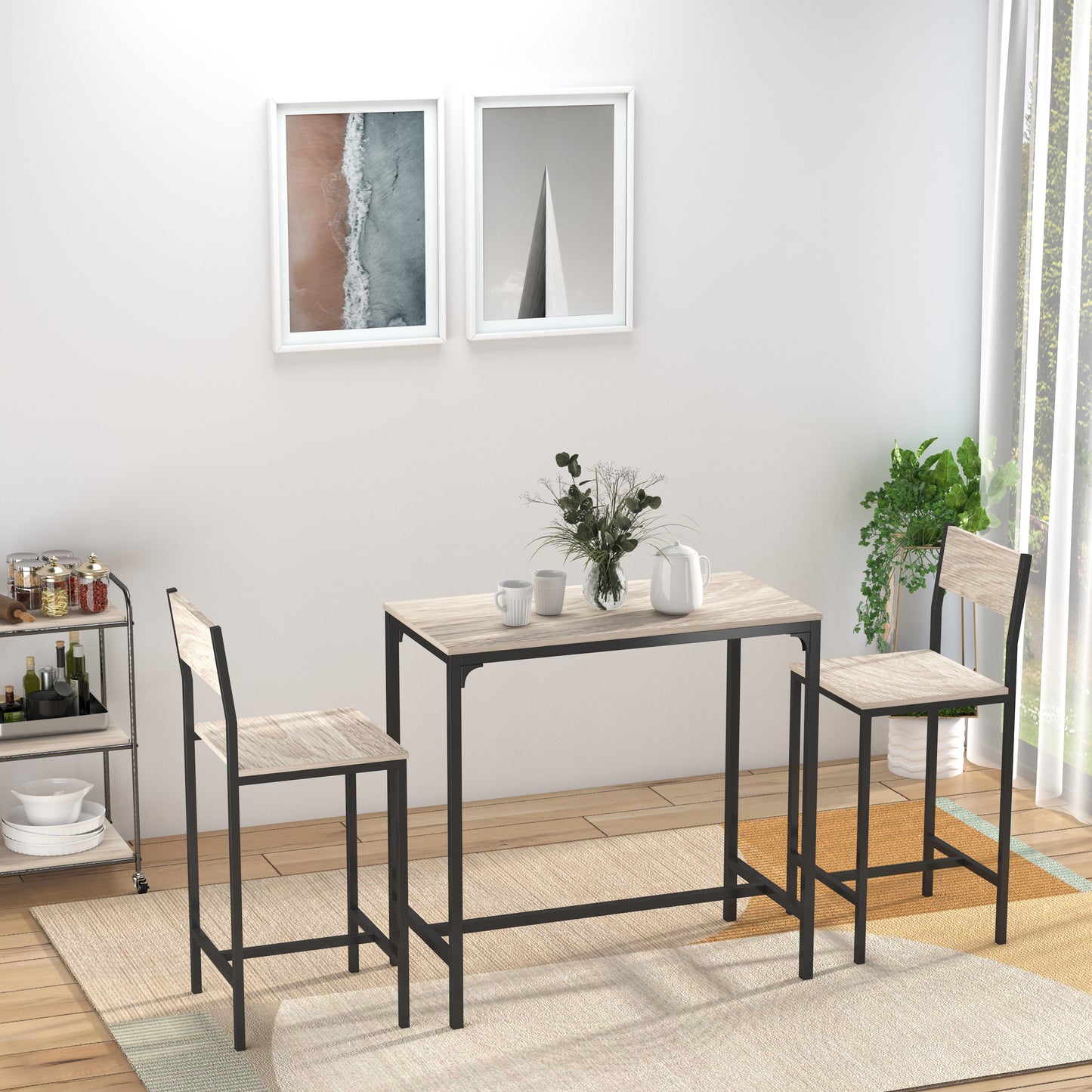 3-Piece Industrial Counter Height Table Set with High Back Stools - Natural Wood