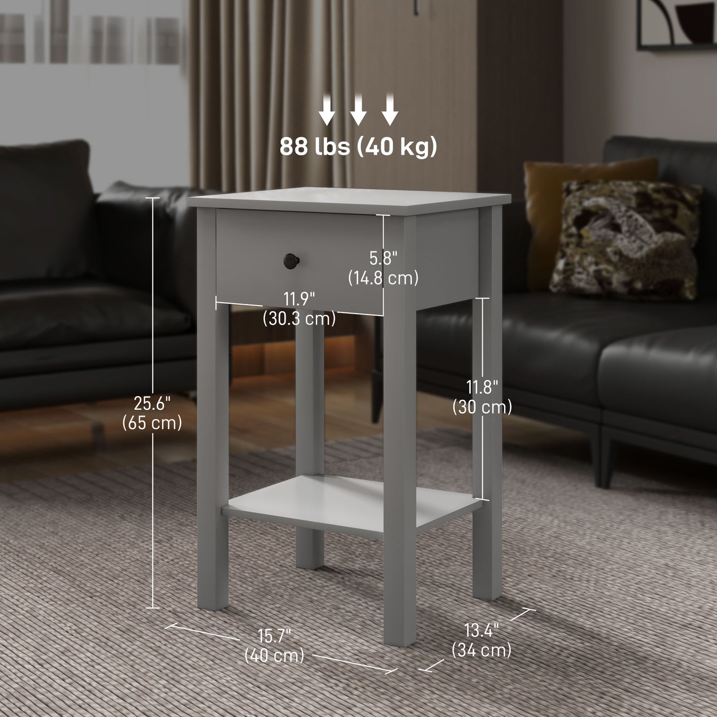 2-Tier Side Tables with Drawer and Shelf, Gray (Set of 2)