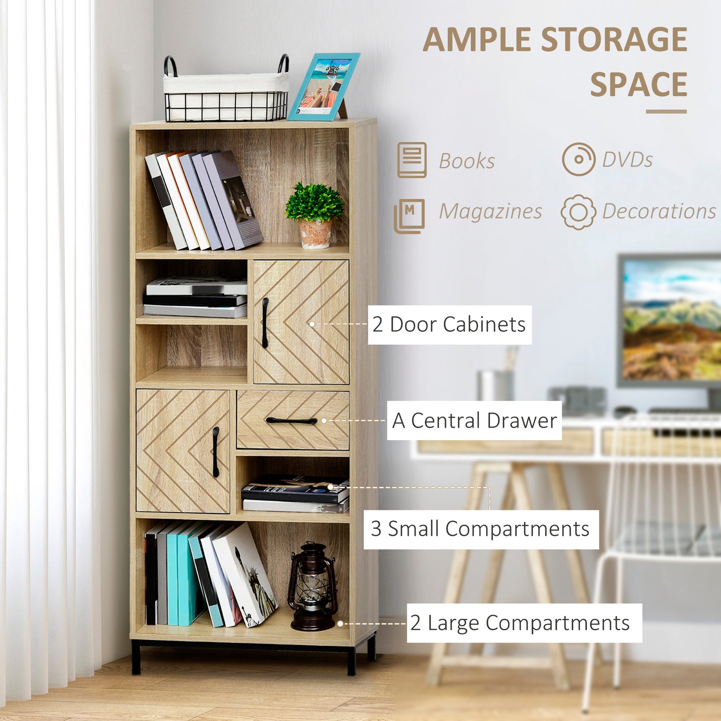 59" Storage Bookcase with Cabinets and Drawer, Natural Wood