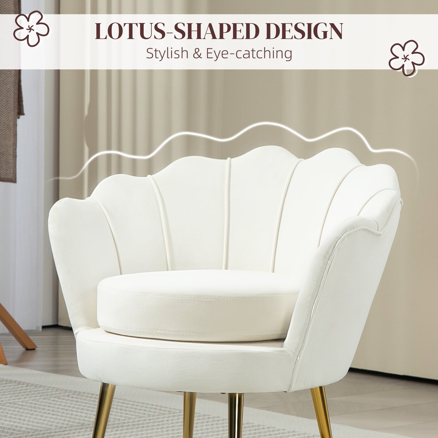 Modern Velvet Accent Chair with Lotus Backrest and Gold Legs, Cream White