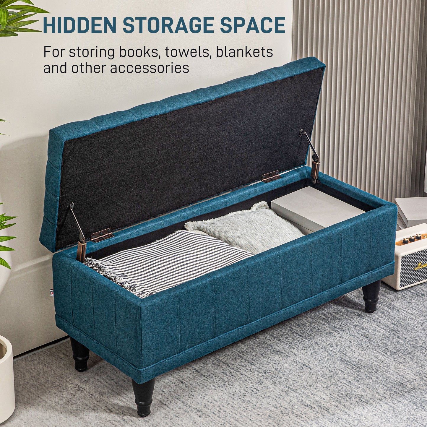 Linen Fabric Storage Bench with Button Tufted Design, Blue