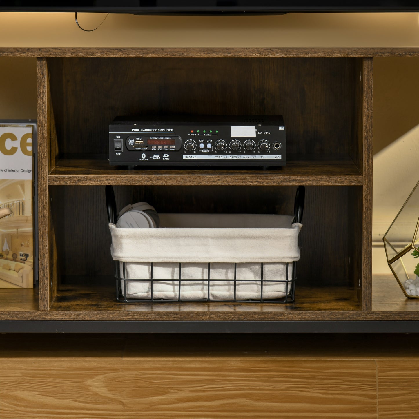 Rustic Brown TV Stand for 55" TVs with Open Storage