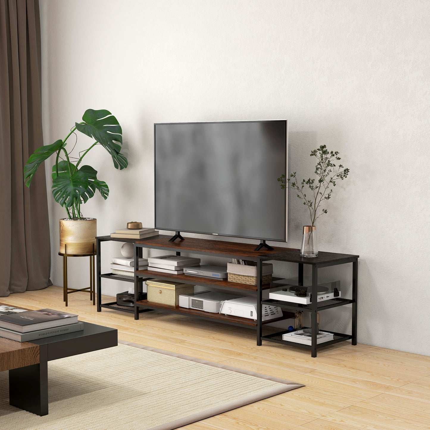 Industrial TV Stand for 80" Screens with Storage Shelves