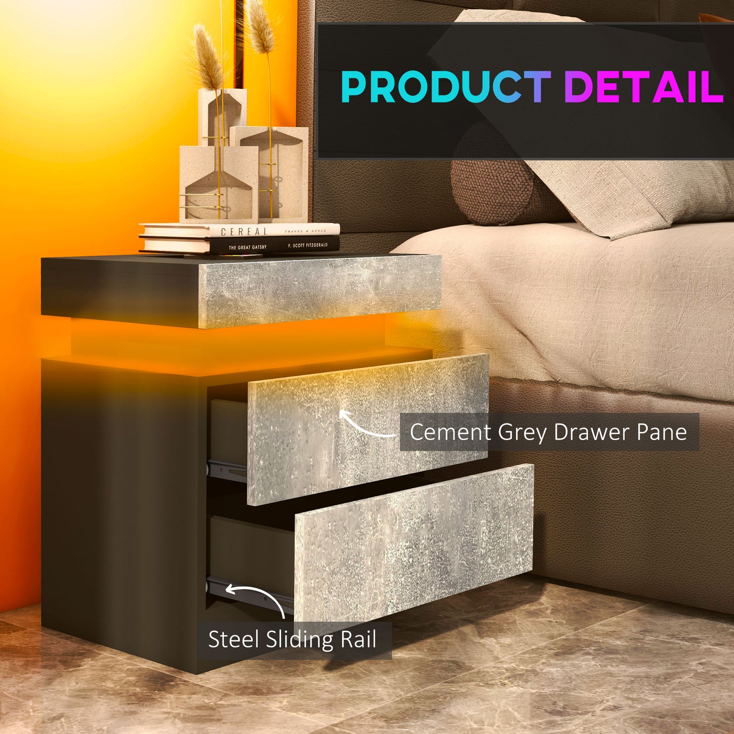 LED Nightstand with Remote Control and 2 Drawers, Cement Gray